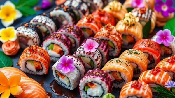 Best sushi in Pasadena, Texas. Artistic sushi rolls garnished with flowers and sauces.