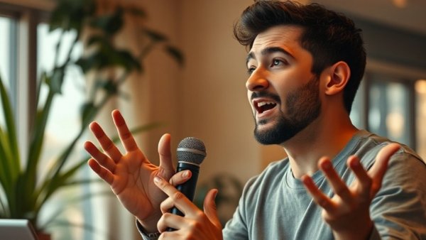 AI creativity in advertising: expressive speaker with microphone in ambient setting.