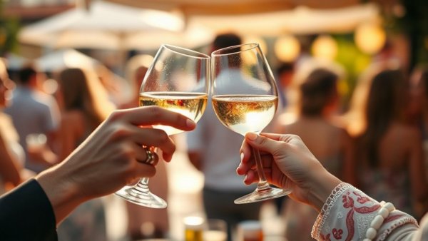 Celebratory toast in a relaxed social setting, highlighting finishing school for tech founders.