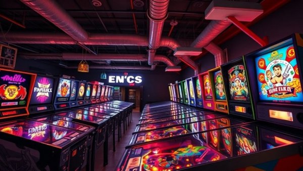 Vibrant pinball scene in Charlotte arcade with colorful machines.