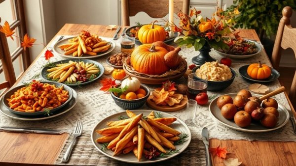 Elegant Thanksgiving dining table in Miami 2025 with gourmet dishes and festive decor.