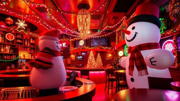 Festive Nashville holiday pop-up bar with DJ and festive decorations.