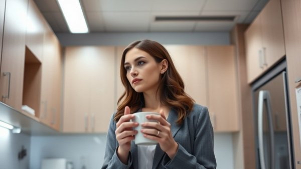 Professional woman in office kitchen, climate villains technology impact theme