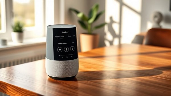 Google Gemini Home voice assistant on a wooden table in a bright room.