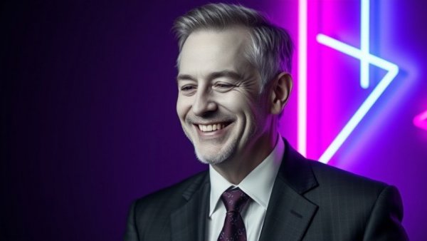 Man in suit smiling against a graphic design, exploring AI's impact on human rights and privacy.