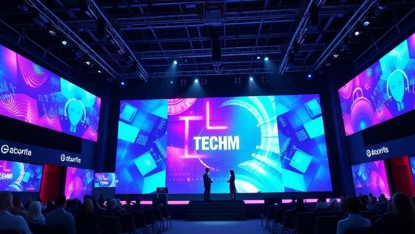Colorful conference stage at tech summit with digital displays.