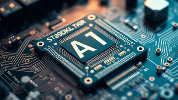 AI society impact shown through a detailed AI chip on a motherboard.