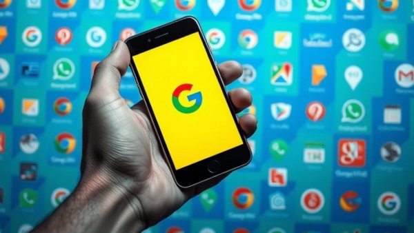 Google logo on phone with vibrant Google icons background.