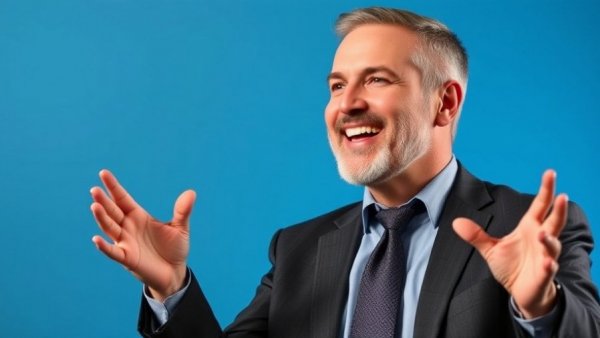 Smiling businessman in suit, discussing AI investment