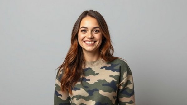 Woman in camo sweater promoting Essential Music Publishing.