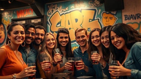 Hop City Atlanta street art cocktails with smiling group indoors.