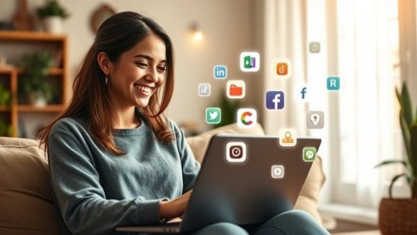 Woman using laptop with app icons, illustrating Google Lens effect on education.