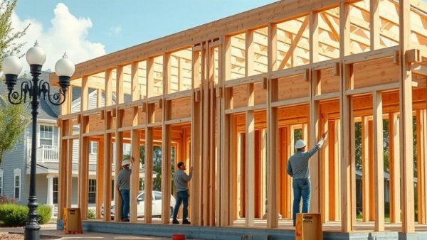Workers constructing affordable housing framework in New Orleans.