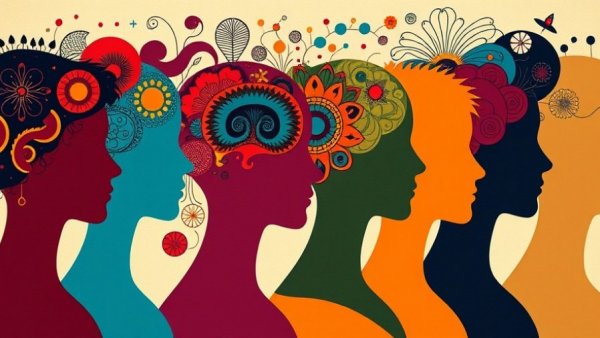 Abstract illustration of diverse personalities with colorful patterns.