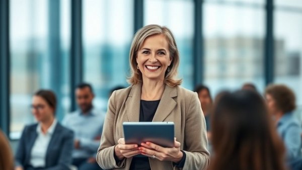 Middle-aged woman presenting on AI healthcare at a conference.