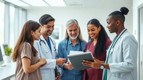 Healthcare professionals discussing tablet in modern hospital, health technology