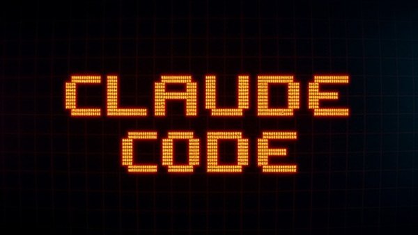 Pixelated 'CLAUDE CODE' text in orange on dark background; AI workflow automation theme.