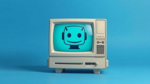Retro computer with robot face on screen, political even-handedness in AI concept.