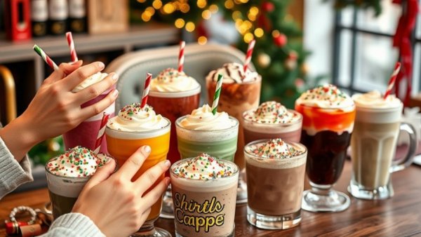 Festive PJ's Coffee holiday beverages with sprinkles.