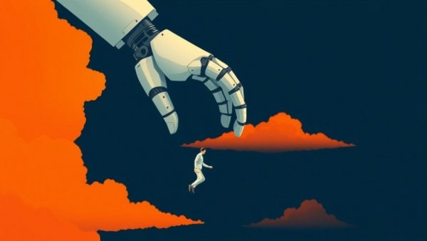 Illustration of AI punctuation handling with man and robotic hand
