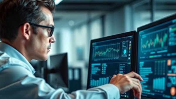 Professional analyzing data on monitors in modern office.