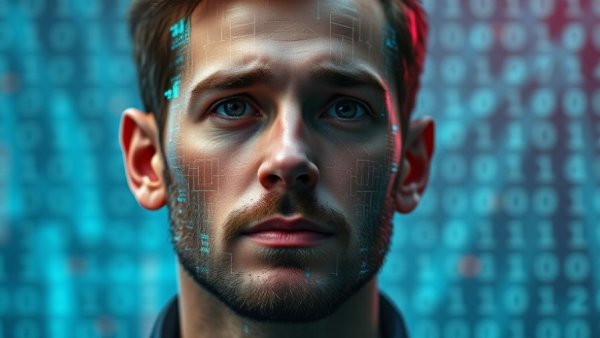 AI voice replication technology concept with digital face and observing man