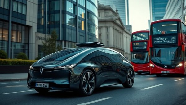 Self-driving car in London with iconic red bus and cityscape.