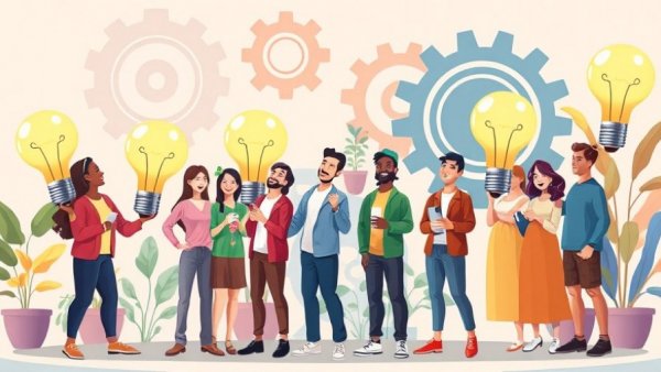 Illustration of diverse group with lightbulbs in open source AI competition.