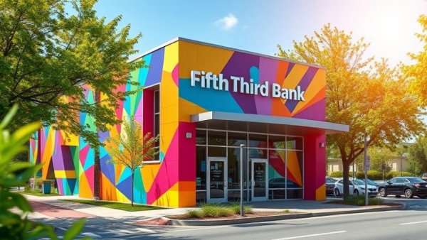 Colorful exterior of Fifth Third Bank Charlotte West End Community Hub on a sunny day.
