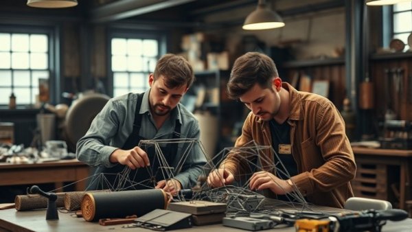Retro workplace with two men working on wireframes in a workshop for IFB Solutions Employment for Visually Impaired.