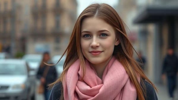 Young woman outdoors wearing a pink scarf and white shirt, related to legal fees for fraud defense.
