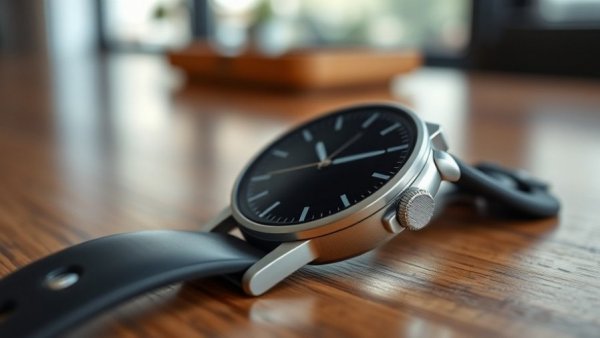 Sleek modern smartwatch on wooden surface, health technology.