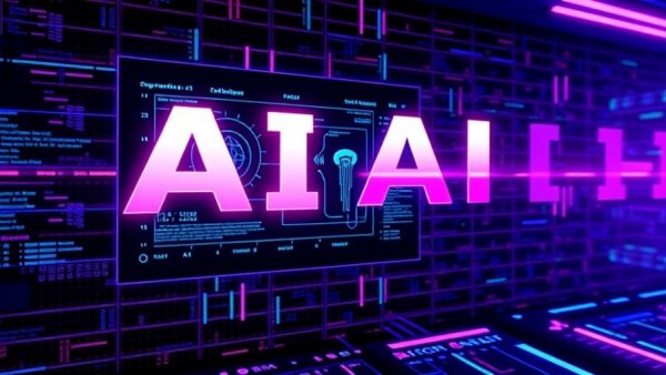 Dynamic AI automation graphic with vibrant purple background.