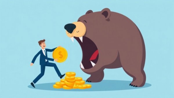 Illustration depicting buy now pay later consumer risks, man in suit with coin and bear.