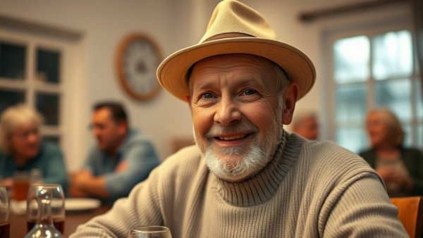 Elderly man celebrating a special occasion indoors, smiling and relaxed.