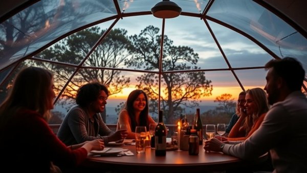 People dining in cozy dome at Atlanta holiday pop-up.