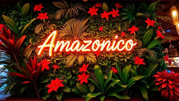 Vibrant neon sign on lush wall at Amazonico Miami Restaurant.