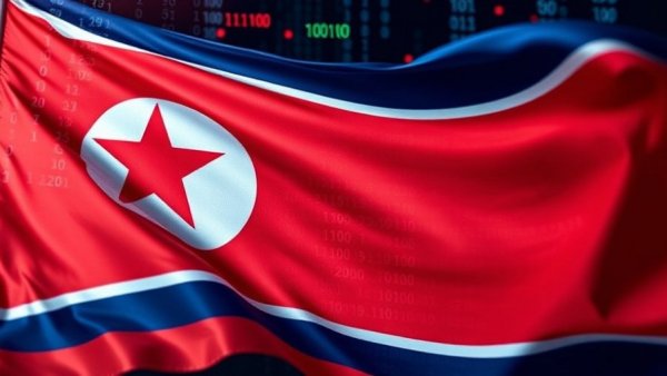 North Korean flag with digital binary code overlay, symbolizing AI online security.