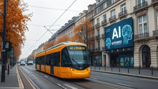 City street featuring AI-powered technology billboard with passing tram.