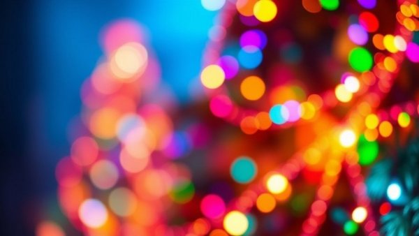Bright bokeh lights and neon Christmas tree swirl represent Atlanta free events.