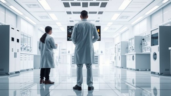 Futuristic scientists engaging with digital AI interface in a lab, highlighting AI society impact.