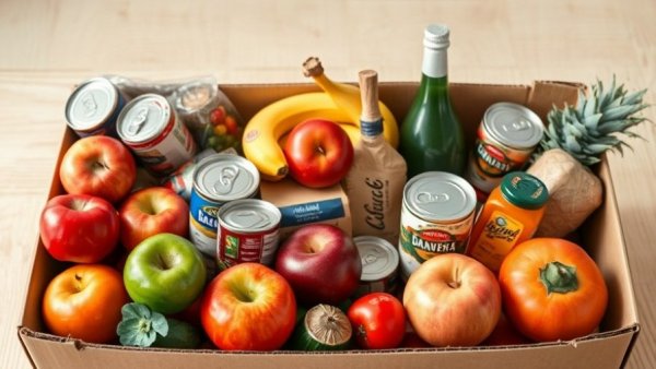 Assorted food items for Clarkston food distribution on wooden table.