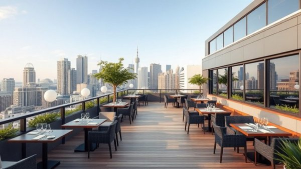 Modern dining area inspired by Blue Zone in Atlanta with city view.
