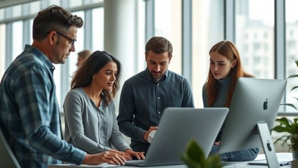 Team discussing code in modern office, health technology context