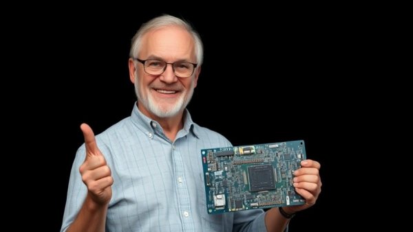 Confident man presenting circuit board amid Nvidia's AI growth.