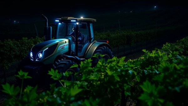Modern tractor working at night in vineyard with neon lights.