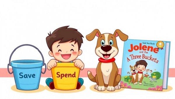 Cartoon boy and dog with 'Save', 'Spend', 'Give' buckets, colorful illustration.