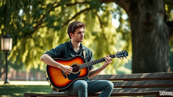 Young musician with guitar in serene outdoor setting.