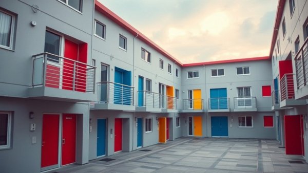 Modern affordable housing apartments in Atlanta with colorful doors.