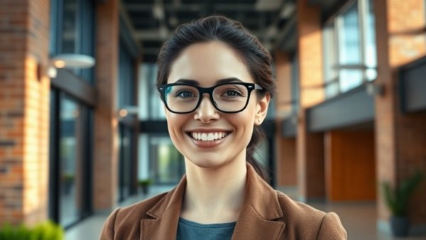 Confident woman smiling in modern corporate lobby, natural lighting.